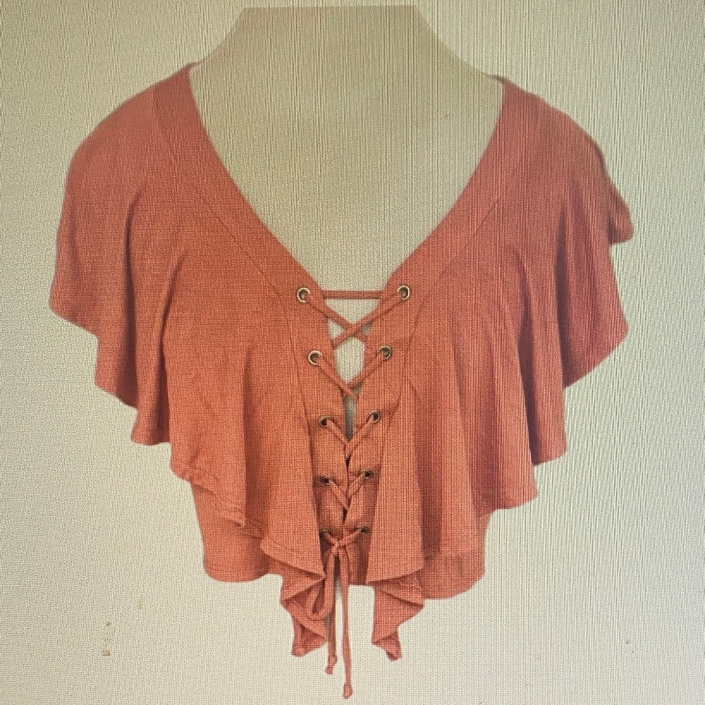 Rust Lace-Up V-Neck Ruffle Crop Top